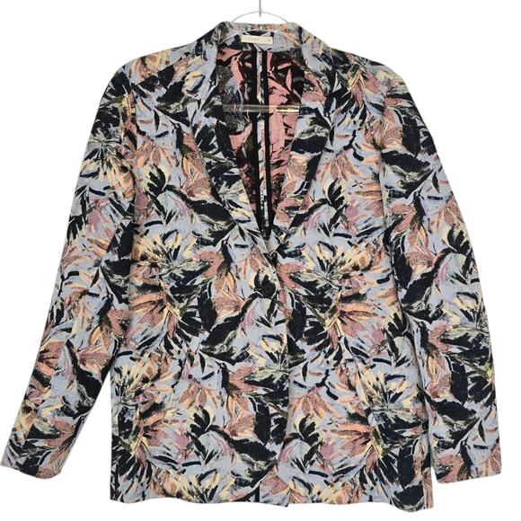 6397 Blazer Jacquard Abstract floral Print Blue Pink 1 Button Slash Pockets XS - Picture 1 of 10